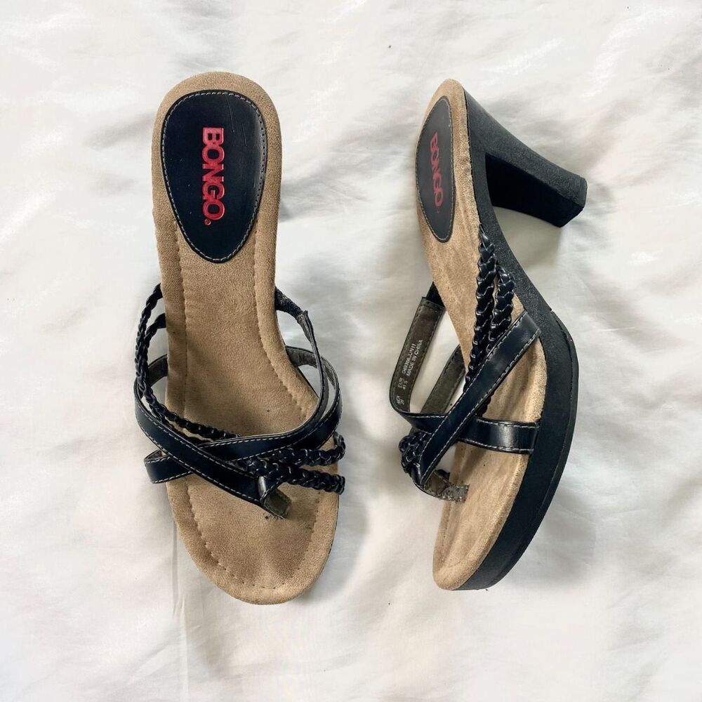 Bongo Y2K Chunky Black Leather Strappy Bongo Heel Sandals US 9